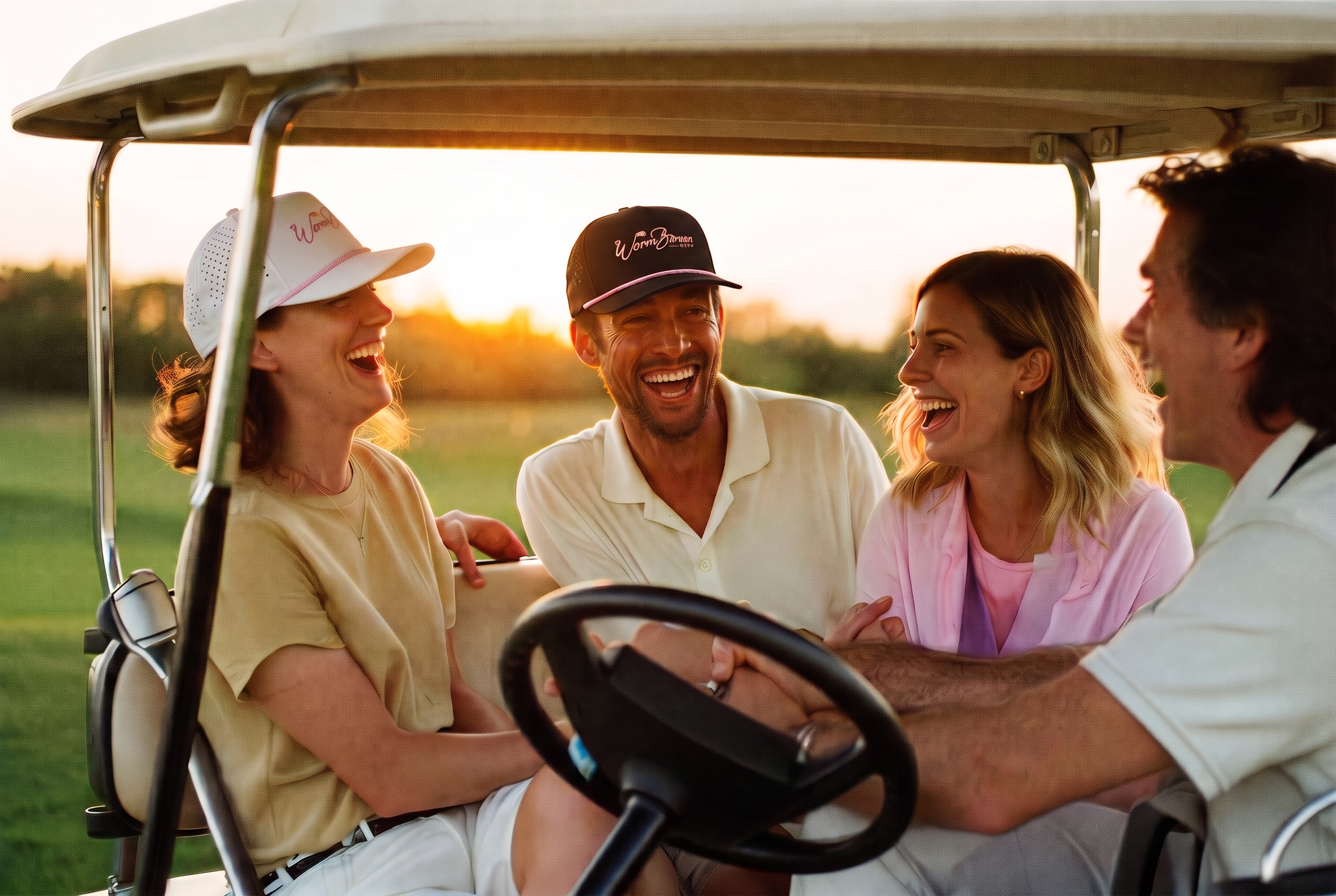 Golfers laughing in a vintage cart at sunset wearing WormBurner hats